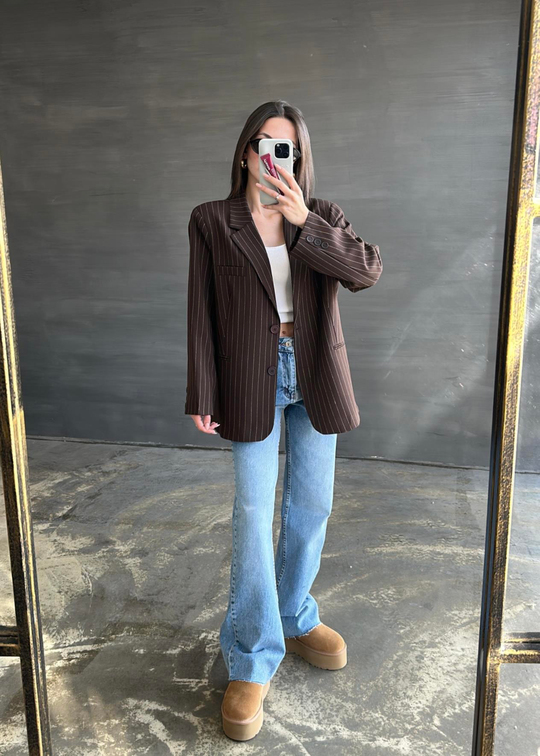 Çizgili Premium Blazer ACI KAHVE