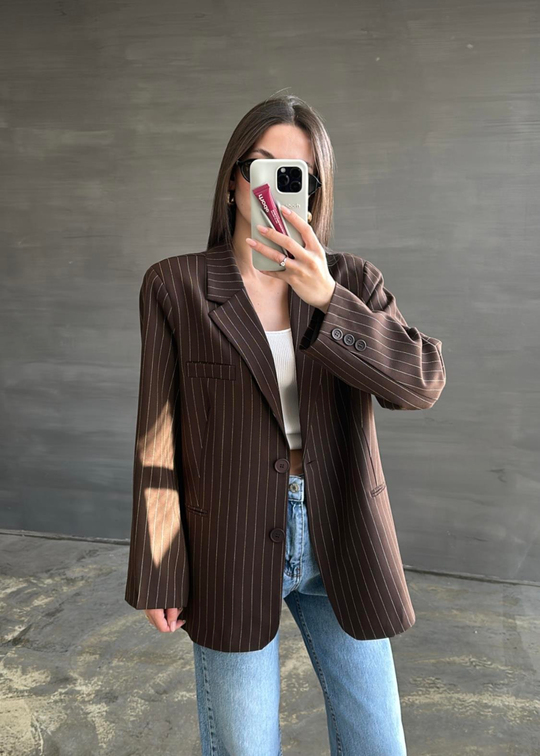 Çizgili Premium Blazer ACI KAHVE
