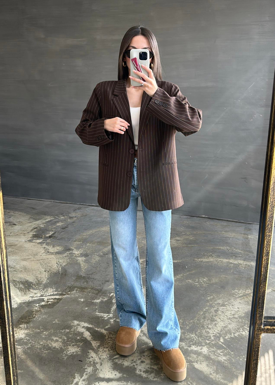 Çizgili Premium Blazer ACI KAHVE