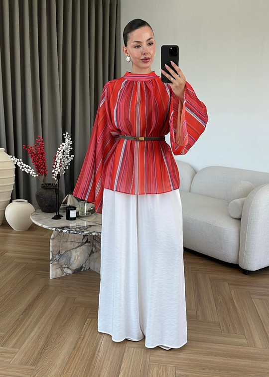 Çizgili Şifon Gömlek KIRMIZI
