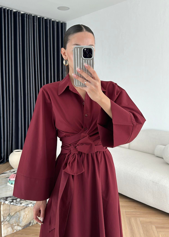 Crop Gömlek Etekli Takım BORDO