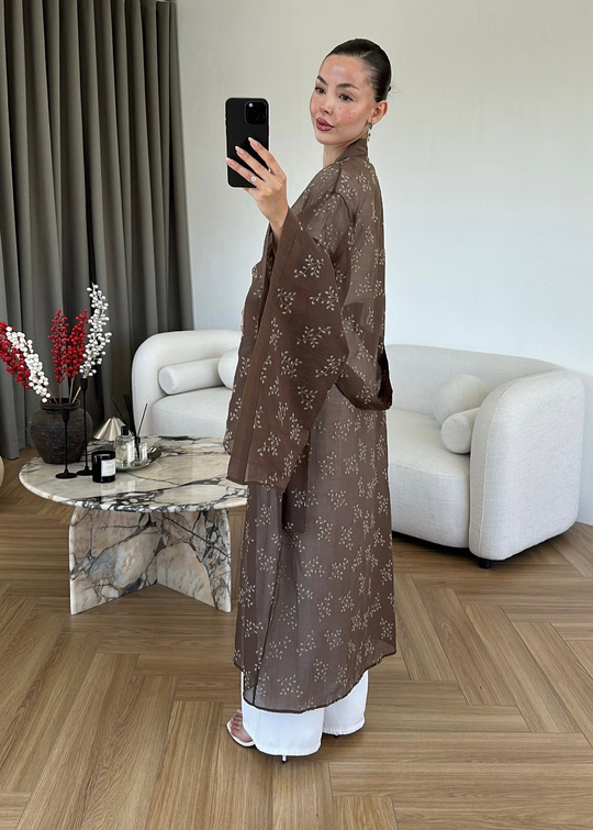 Dal Desenli Kemerli Tül Kimono ACI KAHVE