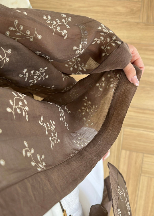Dal Desenli Kemerli Tül Kimono ACI KAHVE