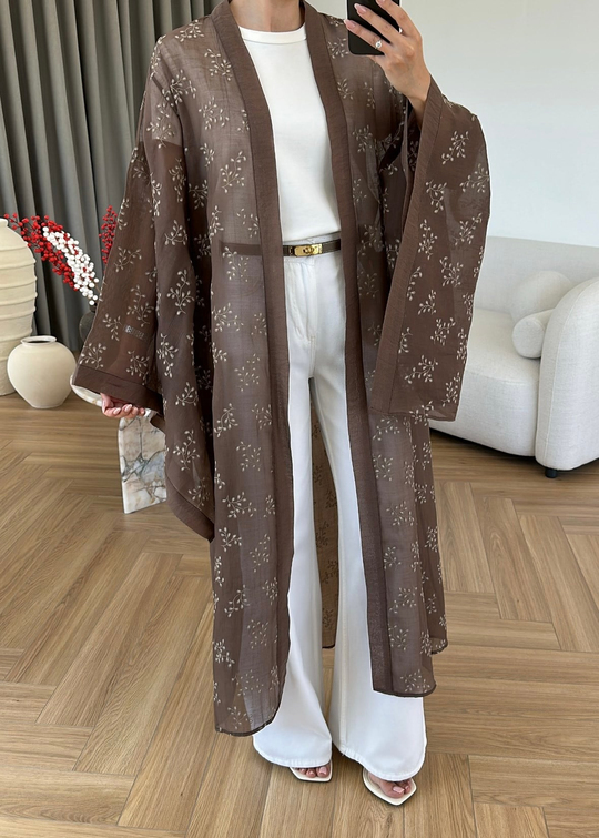 Dal Desenli Kemerli Tül Kimono ACI KAHVE