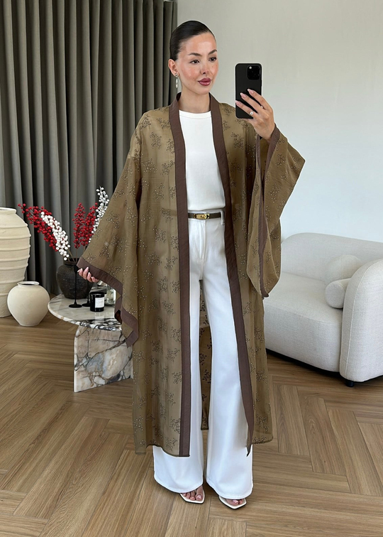 Dal Desenli Kemerli Tül Kimono HAKİ