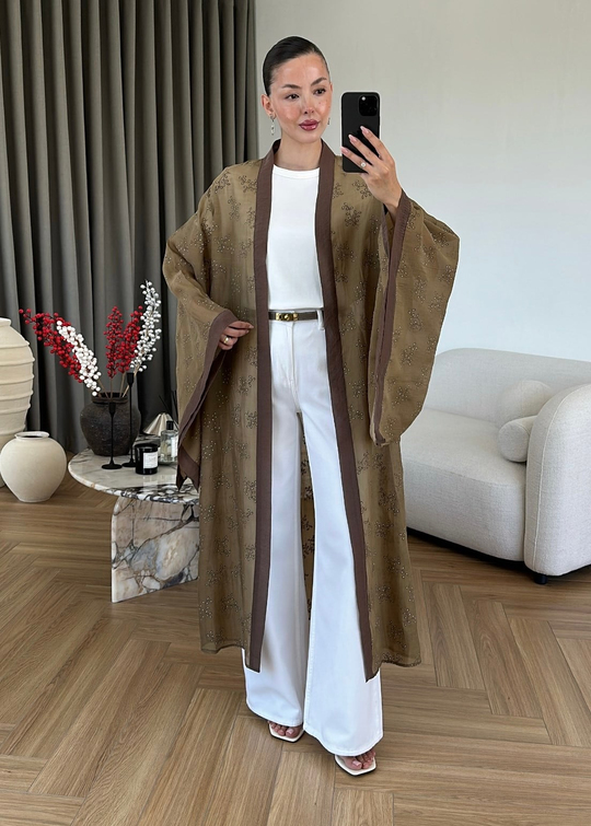 Dal Desenli Kemerli Tül Kimono HAKİ