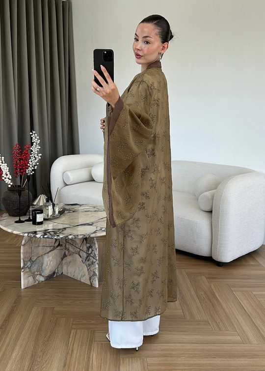 Dal Desenli Kemerli Tül Kimono HAKİ