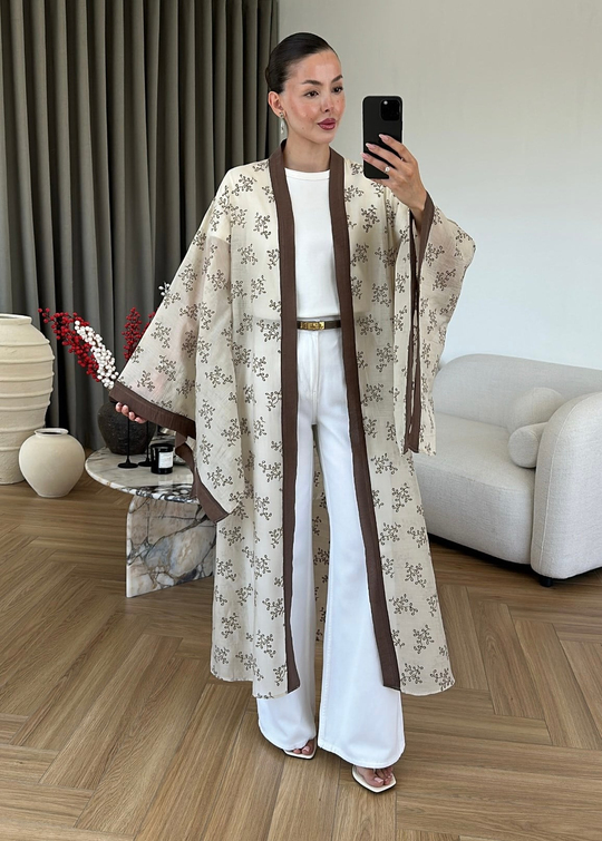 Dal Desenli Kemerli Tül Kimono KREM