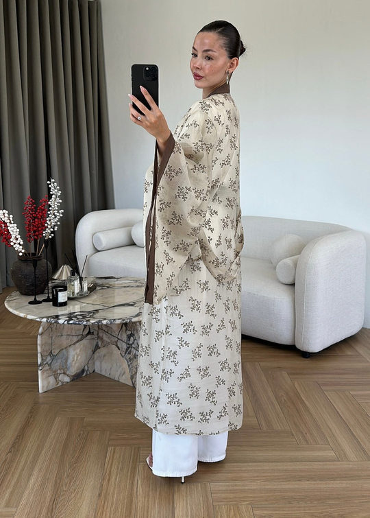 Dal Desenli Kemerli Tül Kimono KREM