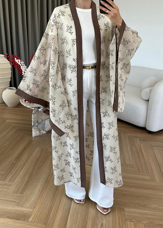 Dal Desenli Kemerli Tül Kimono KREM