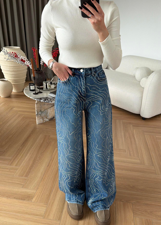Dalga Desenli Taşlı Jean MAVİ