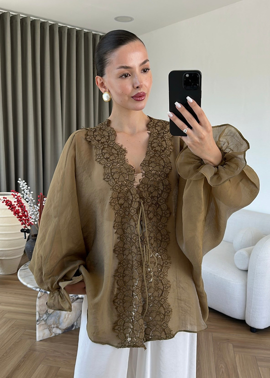 Dantelli Transparan Kimono HAKİ