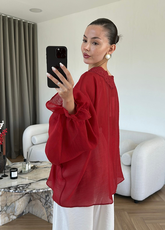 Dantelli Transparan Kimono KIRMIZI