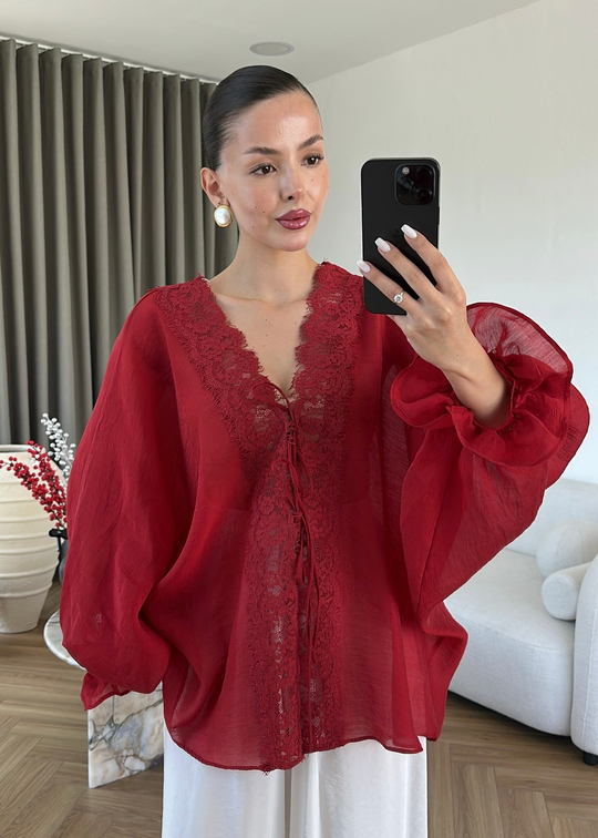 Dantelli Transparan Kimono KIRMIZI