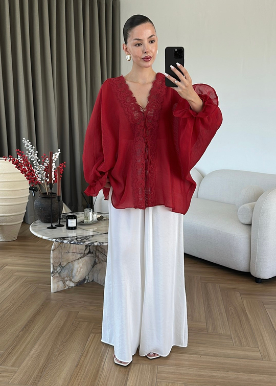 Dantelli Transparan Kimono KIRMIZI