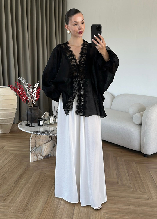 Dantelli Transparan Kimono SİYAH