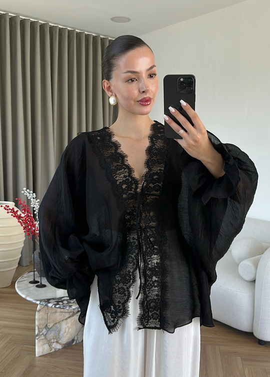 Dantelli Transparan Kimono SİYAH