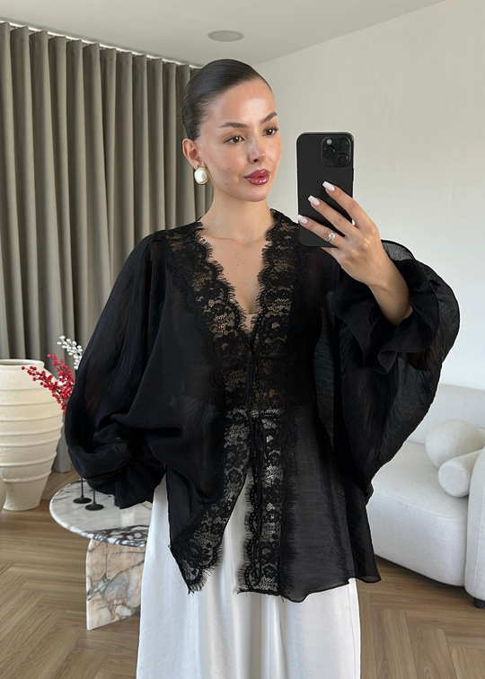 Dantelli Transparan Kimono SİYAH