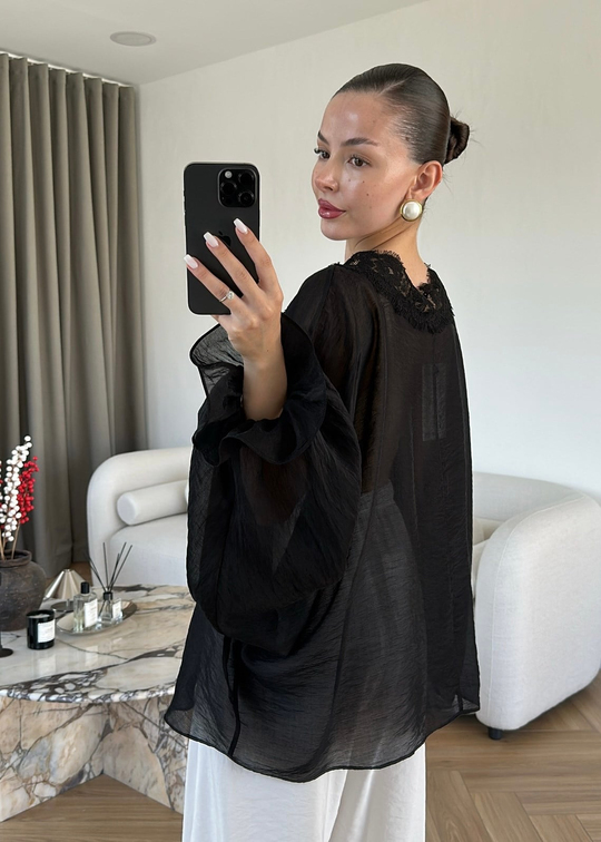 Dantelli Transparan Kimono SİYAH