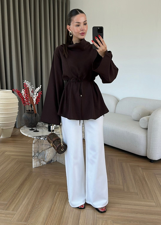 Degaje Yakalı Tensel Bluz ACI KAHVE