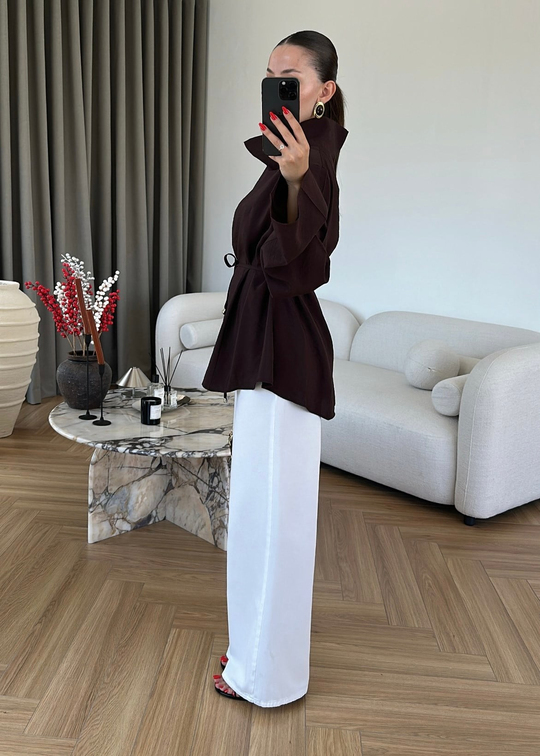 Degaje Yakalı Tensel Bluz ACI KAHVE