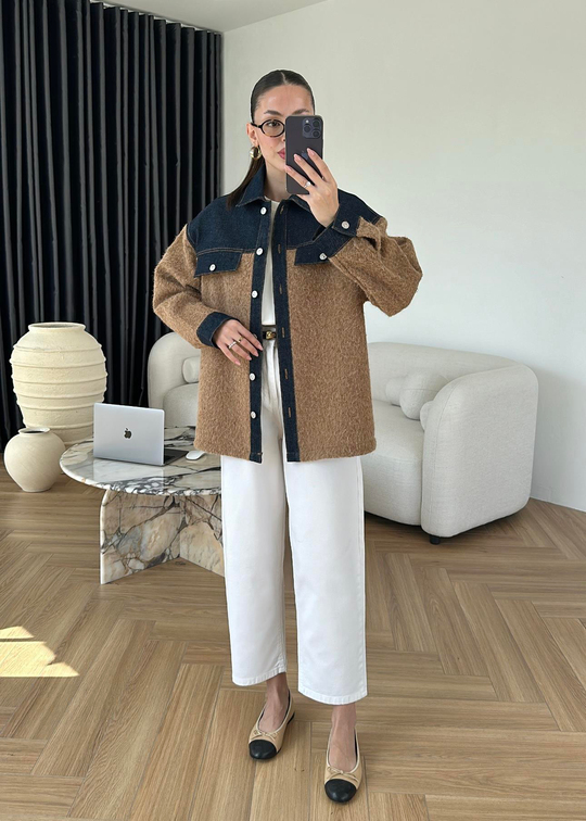 Denim Detaylı Buklet Ceket CAMEL