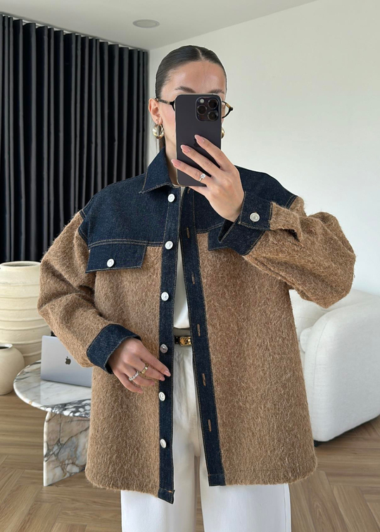 Denim Detaylı Buklet Ceket CAMEL