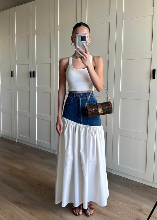 Denim Detaylı Poplin Etek BEYAZ