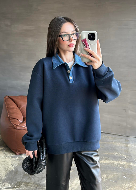Denim Detaylı Sweatshirt LACİVERT