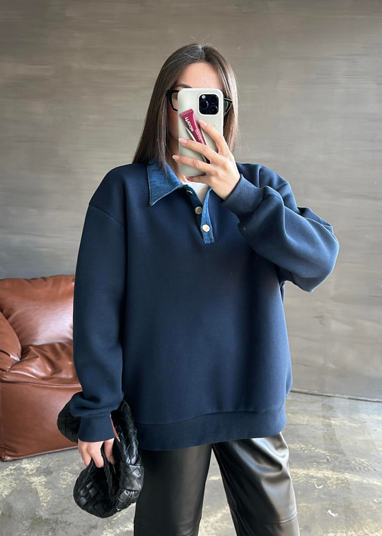 Denim Detaylı Sweatshirt LACİVERT