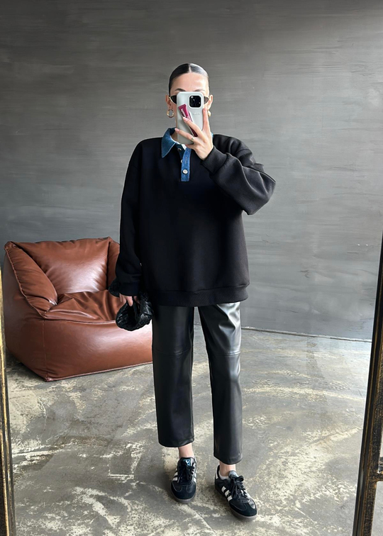 Denim Detaylı Sweatshirt SİYAH