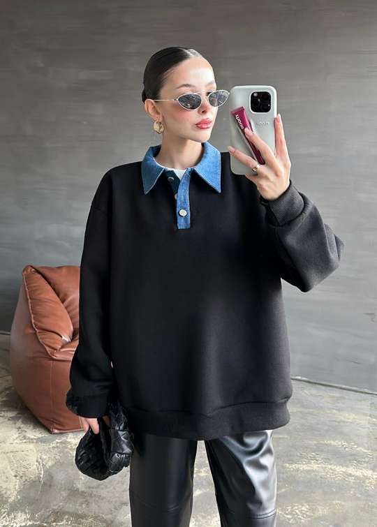 Denim Detaylı Sweatshirt SİYAH