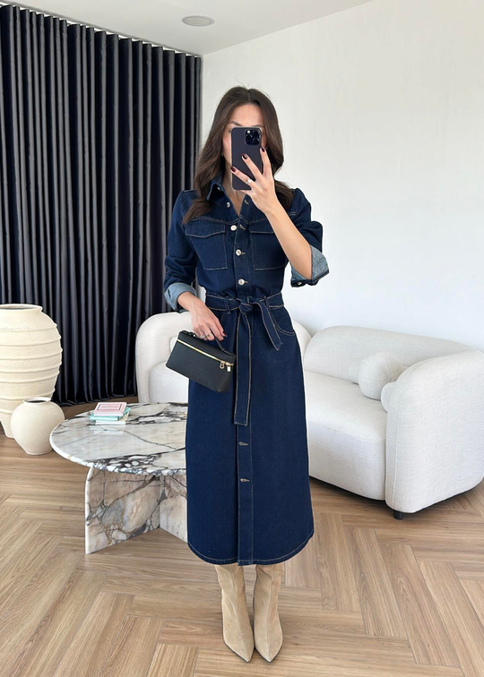 Denim Uzun Elbise Koyu Mavi