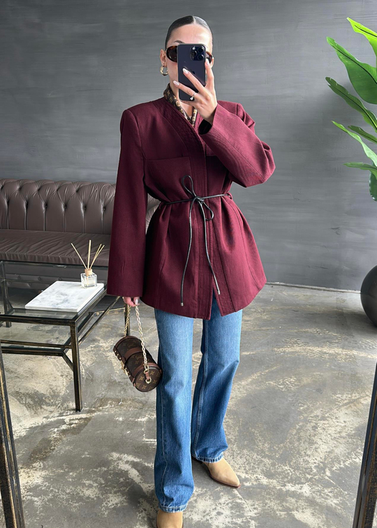 Deri Kemerli Gabardin Ceket BORDO