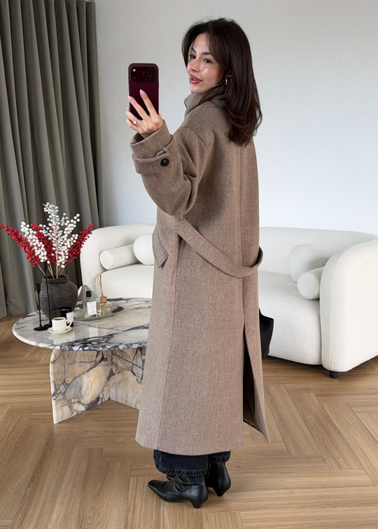 Dik Yakalı Yün Dokulu Kaban CAMEL