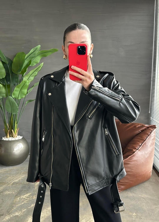 Dilvin Deri Biker Ceket SİYAH