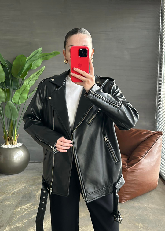 Dilvin Deri Biker Ceket SİYAH