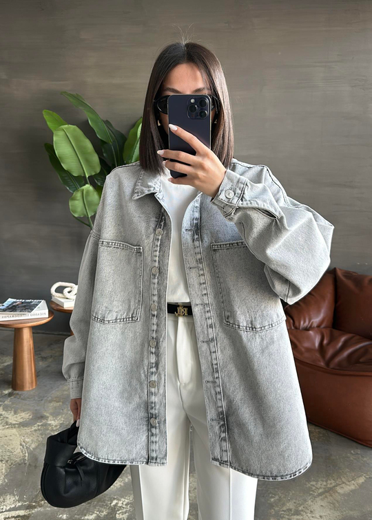 Dilvin Oversize Cepli Denim Ceket AÇIK GRİ