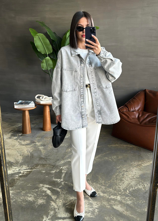 Dilvin Oversize Cepli Denim Ceket AÇIK GRİ