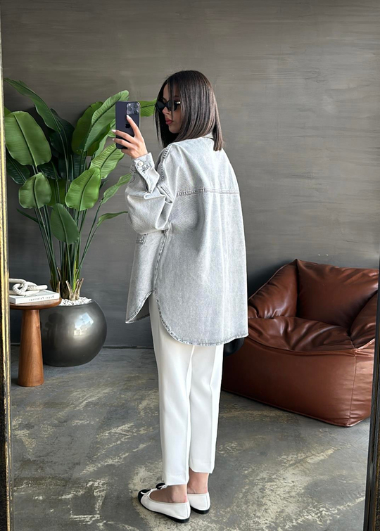 Dilvin Oversize Cepli Denim Ceket AÇIK GRİ