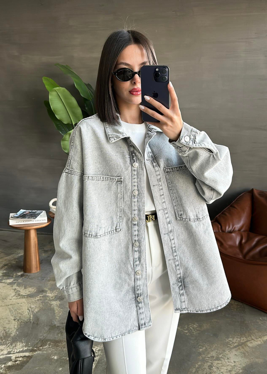 Dilvin Oversize Cepli Denim Ceket AÇIK GRİ
