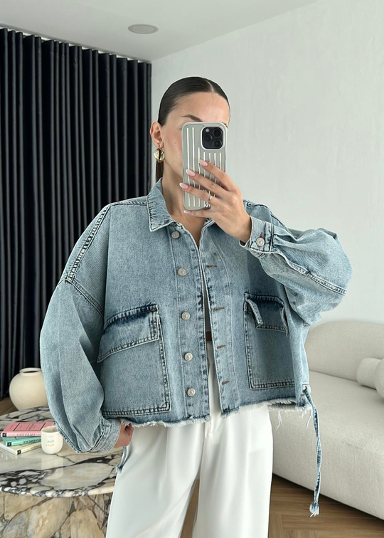Dilvin Püsküllü Denim Ceket BUZ MAVİ