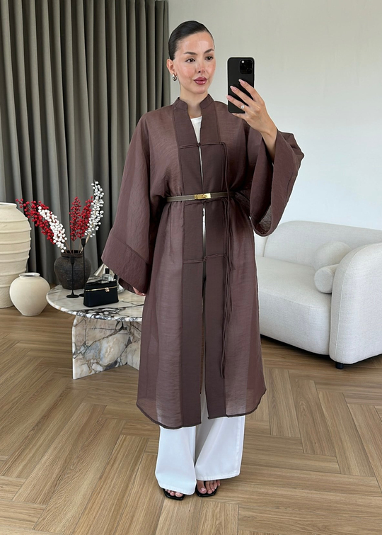 Diva Çin Düğmeli Uzun Ceket KAHVERENGİ