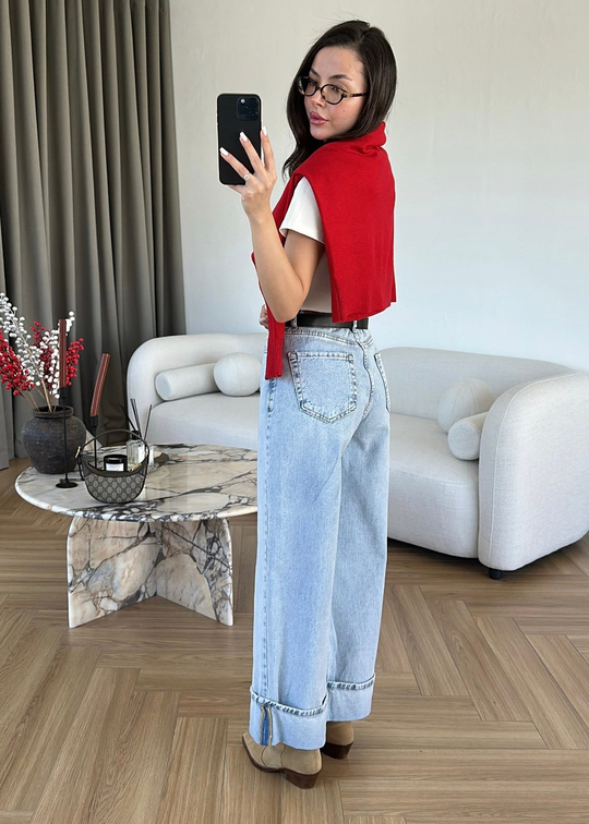 Dora Paça Katlamalı Kemerli Jean BUZ MAVİ