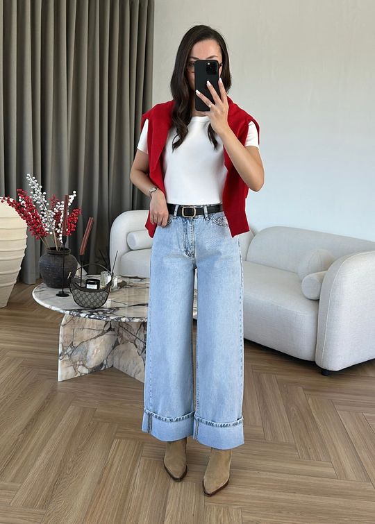 Dora Paça Katlamalı Kemerli Jean BUZ MAVİ