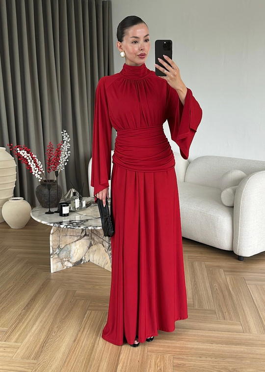 Drapeli Premium Elbise KIRMIZI