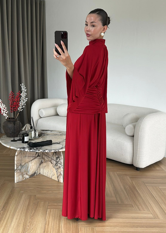 Drapeli Premium Elbise KIRMIZI