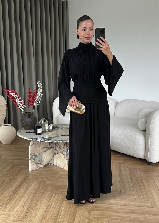 Drapeli Premium Elbise SİYAH