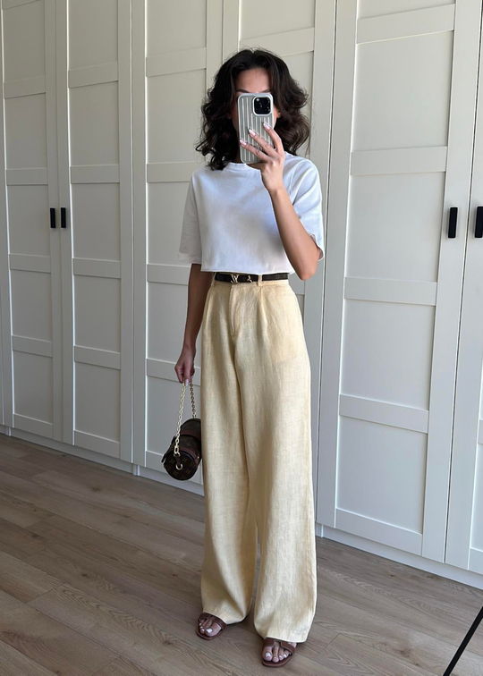 Düğmeli Keten Premium Pantolon SARI