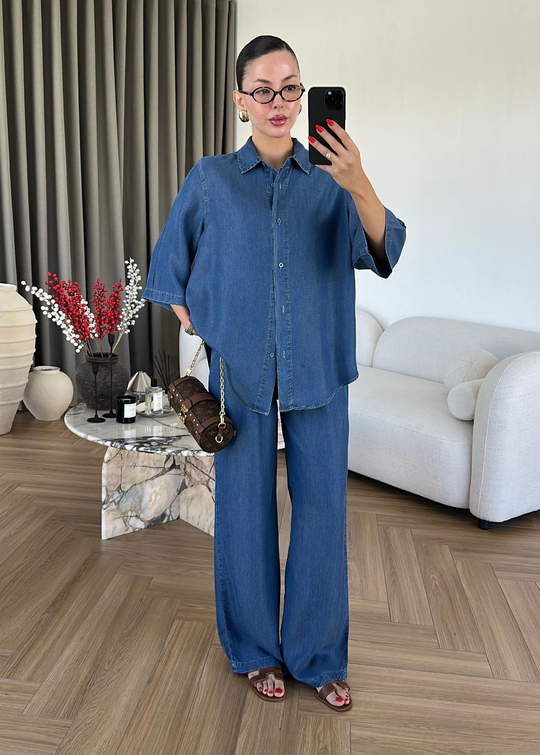 Eflina Yarım Kollu Denim Tensel Takım Koyu Mavi